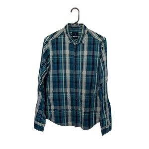 Prana Shirt Mens Small Blue Teal Plaid Pearl Snap Organic Cotton Outdoor Hiking